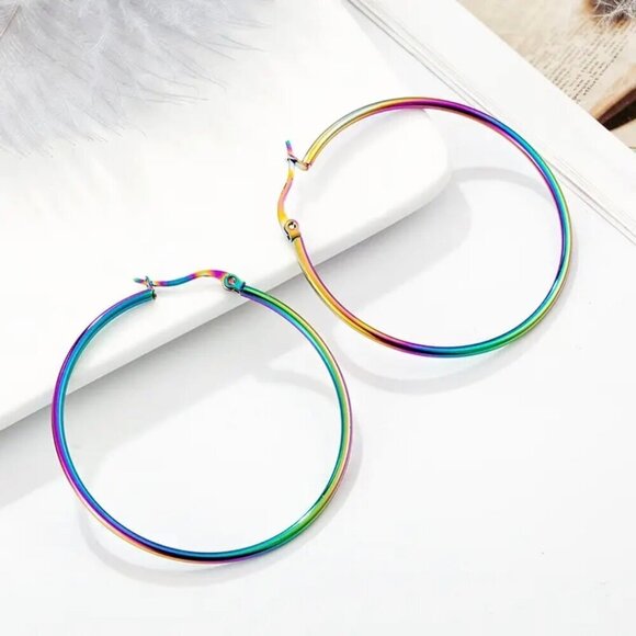 NWT Large Hoop Earrings Titanium Rainbow Steel Multicolor - Picture 3 of 11